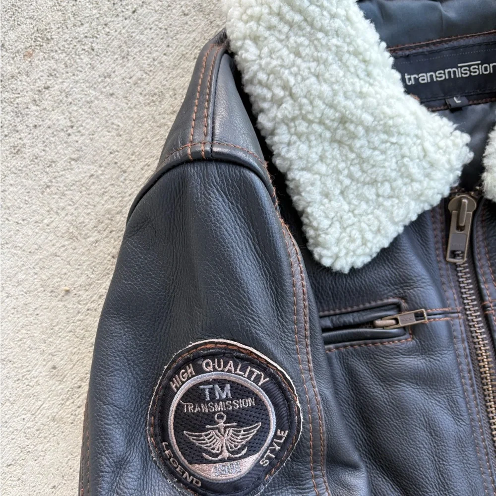 Vintage European Transmission Leather Bomber Jacket Sherpa Collar Men’s Large - Picture 4 of 12